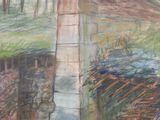 a painting of a train going over a bridge in the woods