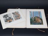 an open book with two pictures of trees and a picture of a cat