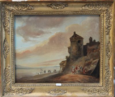 an image of a painting of a castle on a beach