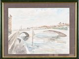 painting of a bridge over a body of water with buildings in the background