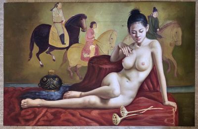 a painting of a woman laying on a bed with a cat