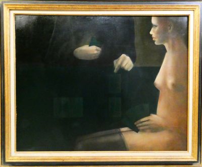 a painting of a woman sitting in a chair with her hands on her lap