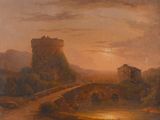 tableau représentant un pont sur une rivière, avec un château en arrière-plan