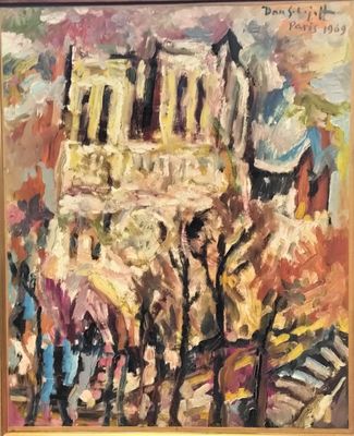 a painting of a painting of a building with people walking by it