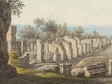 a painting of a view of a city from a distance
