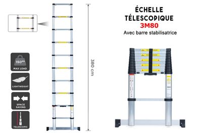 Échelle télescopique aluminium 3,8 m (11 marches), charge ma…