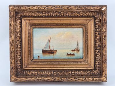 an oil painting of two boats in a body of water with a sky in the background