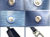 several pictures of a blue purse with a silver buckle and a black purse with a silver buckle
