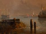 a painting of a boat in the water near a dock