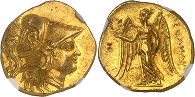 a gold coin with an image of a woman and a man on it