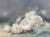 a painting of a bunch of white roses on a table