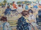 a painting of a group of people sitting on a bench