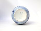 a blue and white vase sitting on a white surface