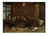 tableau représentant trois singes jouant aux cartes dans une pièce près d'une fenêtre