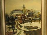 tableau représentant un paysage enneigé avec une église au loin et des arbres au premier plan