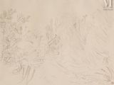 drawing of a mountain landscape with a river and trees in the foreground
