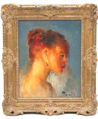 tableau représentant une femme aux cheveux roux portant des boucles d'oreilles, dans un cadre doré