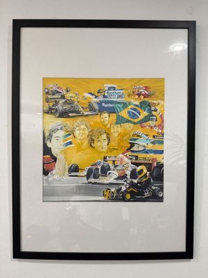 tableau représentant un groupe de voitures de course exposé dans un musée