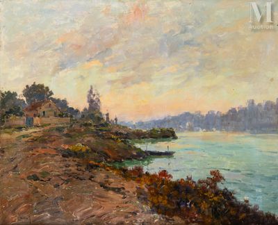 une peinture à l'huile représentant une vue sur un plan d'eau avec un phare au loin