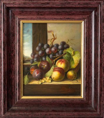 tableau représentant une nature morte composée de raisins, de pêches et de poires