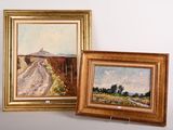 deux tableaux représentant un chemin de terre et un chemin de terre avec une maison au loin