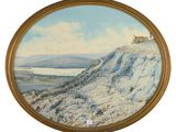 an image of a painting of a mountain with a house on top of it