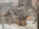 a picture of a painting of a house in the snow