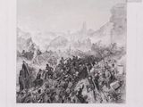 an old black and white drawing of a large group of soldiers