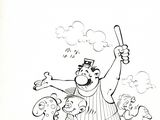 cartoon drawing of a man in a pool with a paddle and a dog