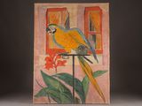a painting of a parrot sitting on top of a table