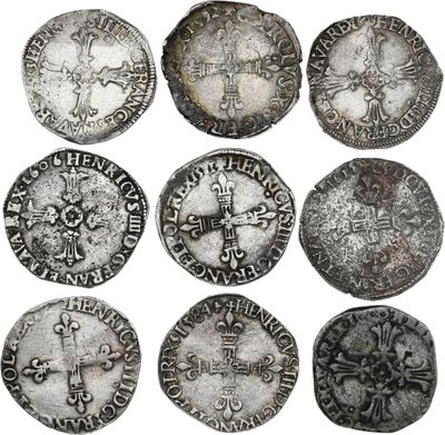 six types différents de pièces d'argent datant de l'époque de l'Empire romain
