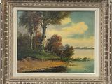 an oil painting of a river scene with trees and a boat