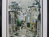 painting of a street scene with a person walking down the street