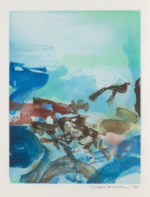 a painting of a group of birds flying over a body of water