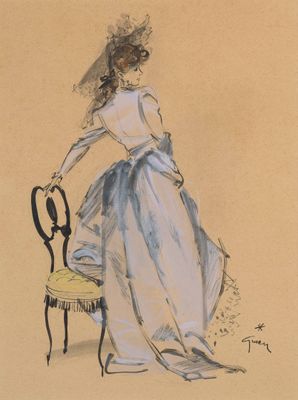 drawing of a woman in a blue dress sitting on a chair