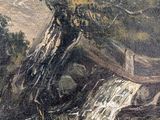 painting of a river with a waterfall and a bridge in the background