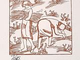 un dessin représentant un homme à cheval, avec un oiseau en arrière-plan