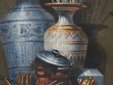 a painting of a still life with vases and other objects