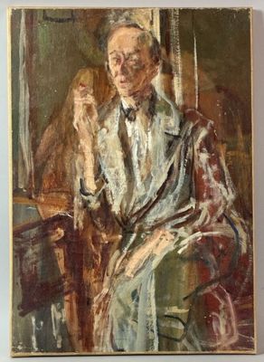 painting of a man in a suit and tie sitting in a chair