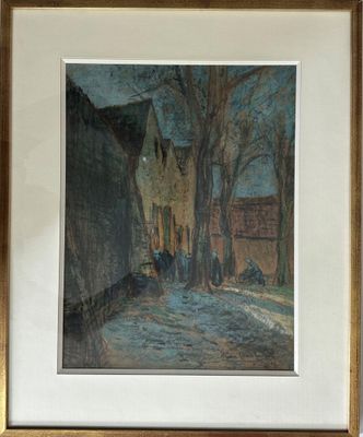 tableau encadré représentant une scène de rue avec une personne assise sur un banc