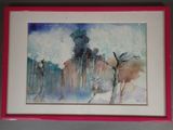 framed watercolor painting of a winter scene with trees in the snow