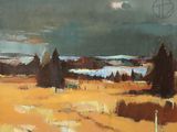 une peinture à l'huile représentant un champ avec des arbres et le ciel en arrière-plan