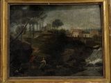 painting of a landscape with a river and a castle in the distance