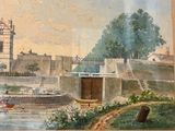 a painting on the wall of a building with a boat in the water
