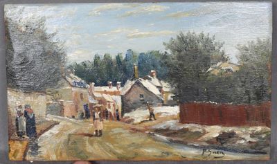 un tableau représentant un homme tenant une photo d'un village