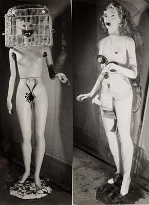 two black and white photographs of a woman with a birdcage on her head