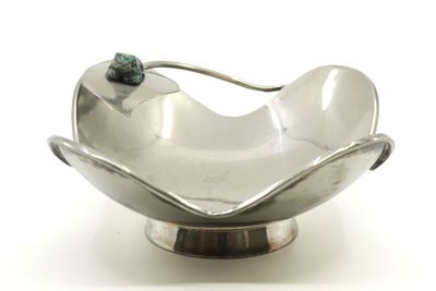 un bol en argent contenant une cuillère sur une surface blanche