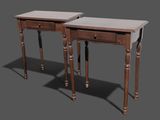 deux tables en bois avec des plateaux et des pieds en marbre, sur fond gris