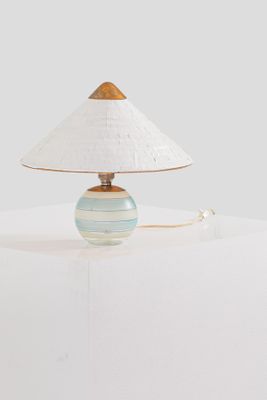 a lamp that has a white shade on it