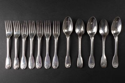 six spoons and six forks are lined up on a black surface